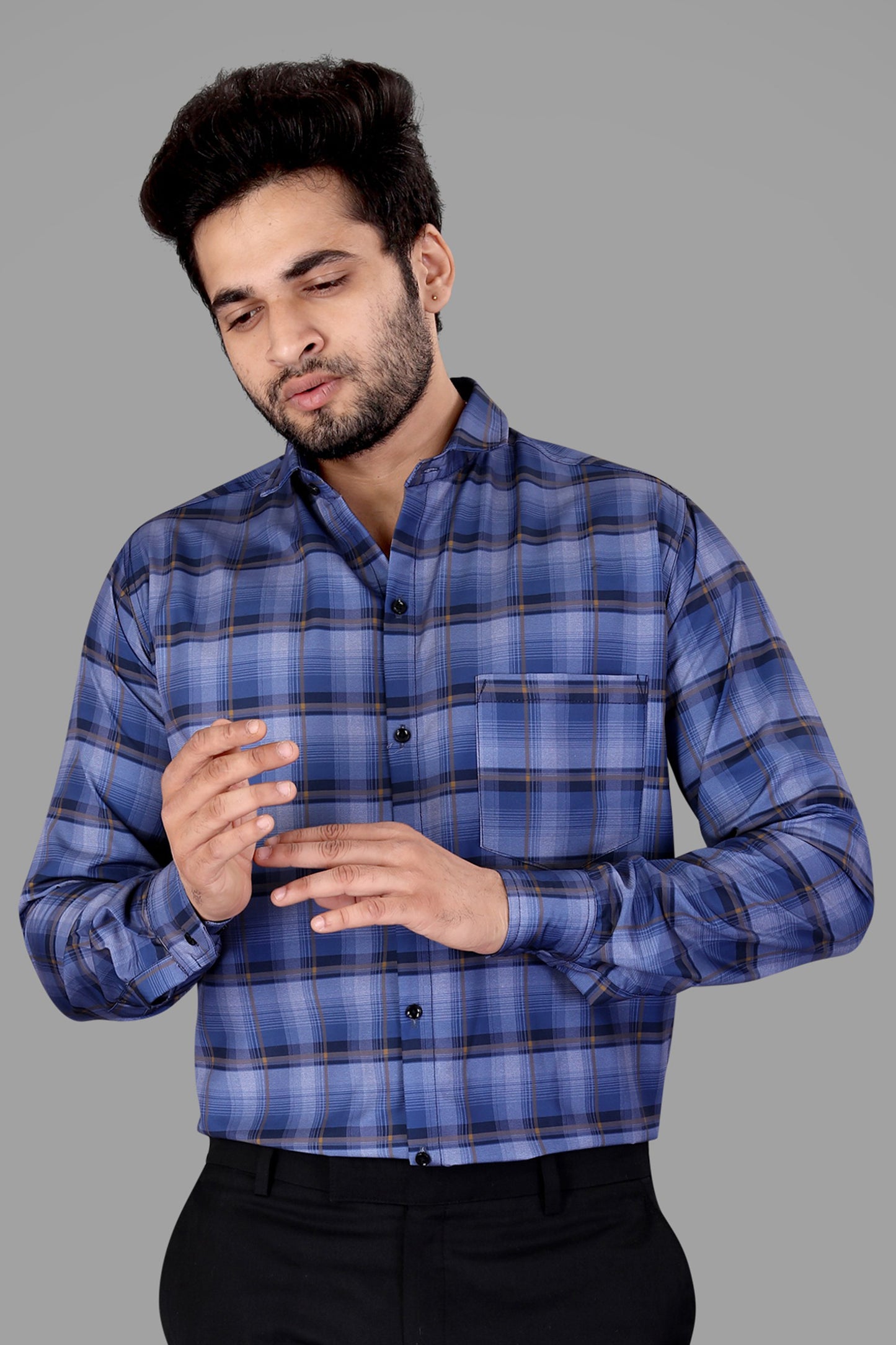 Blue Cotton Blend Checks Print Casual Shirt