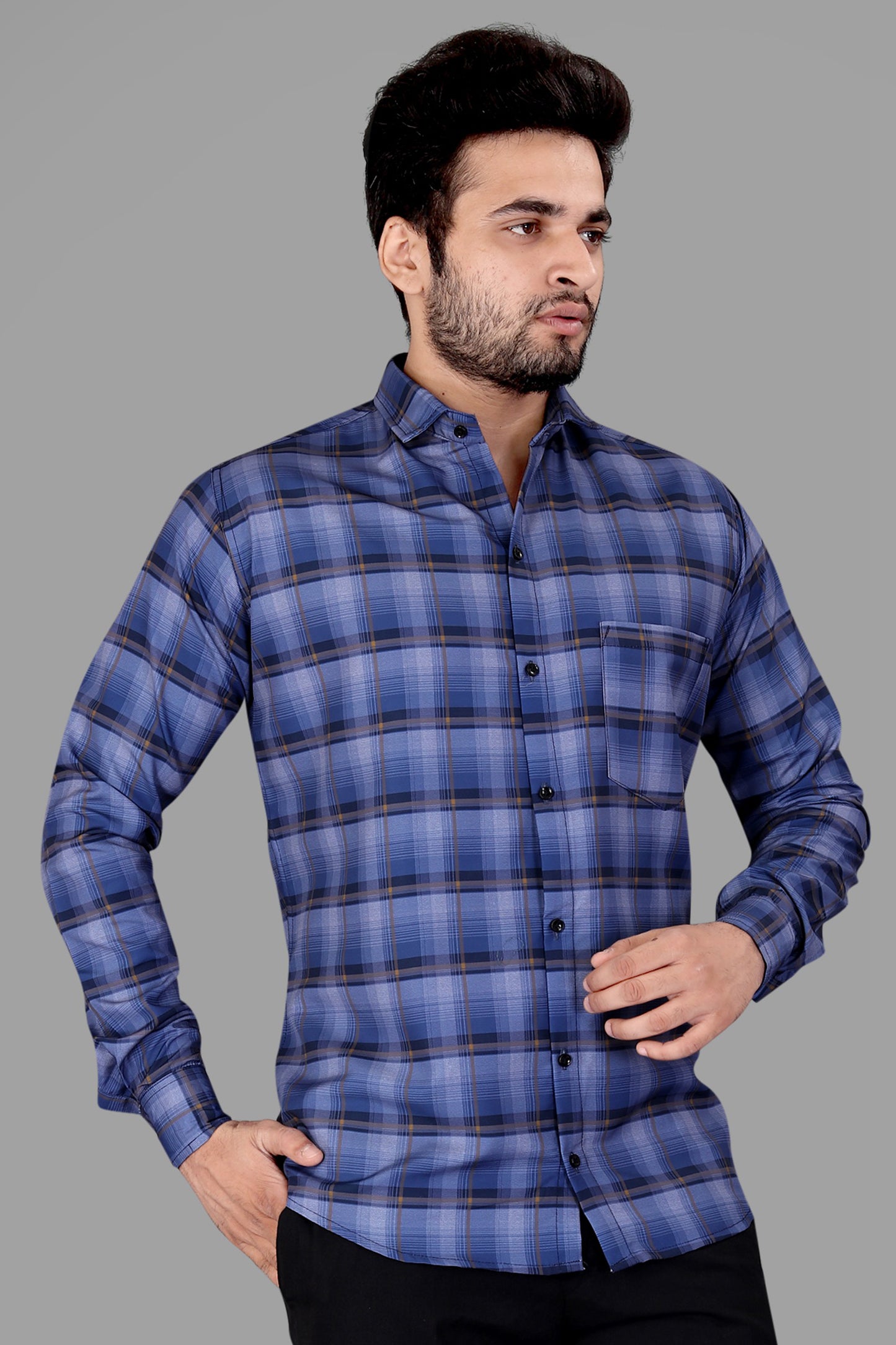 Blue Cotton Blend Checks Print Casual Shirt