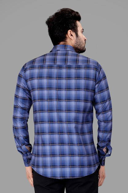 Blue Cotton Blend Checks Print Casual Shirt