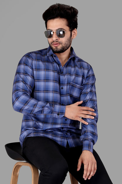 Blue Cotton Blend Checks Print Casual Shirt