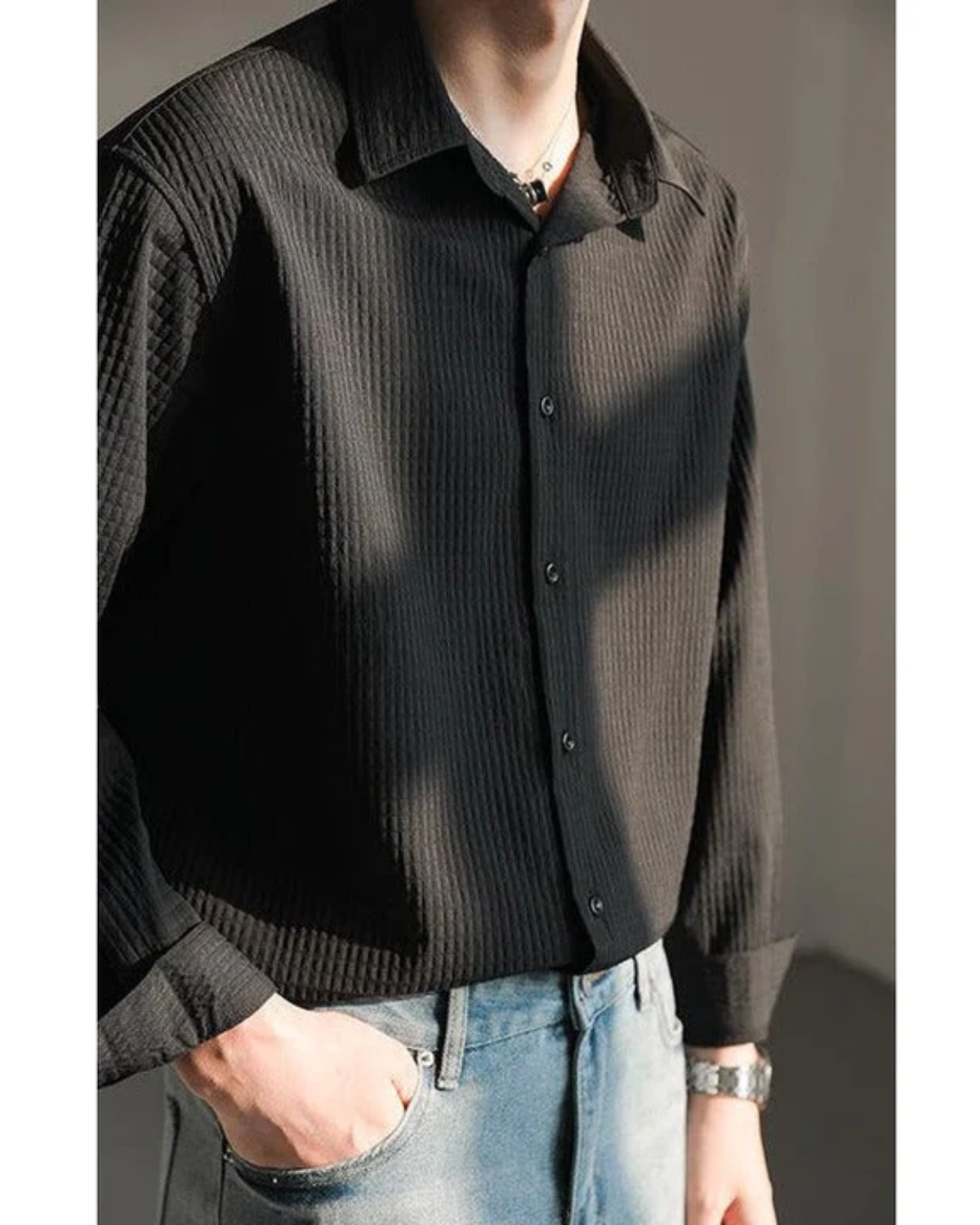 Obsidian Black Zhou Textured Grid Buttoned Shirt