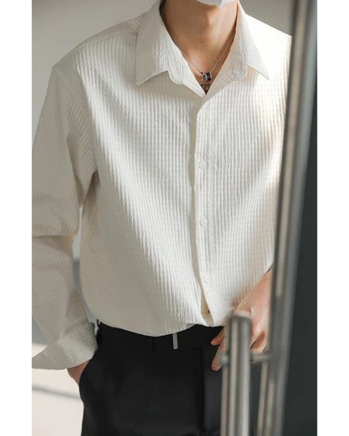 Porcelain White Zhou Textured Grid Buttoned Shirt