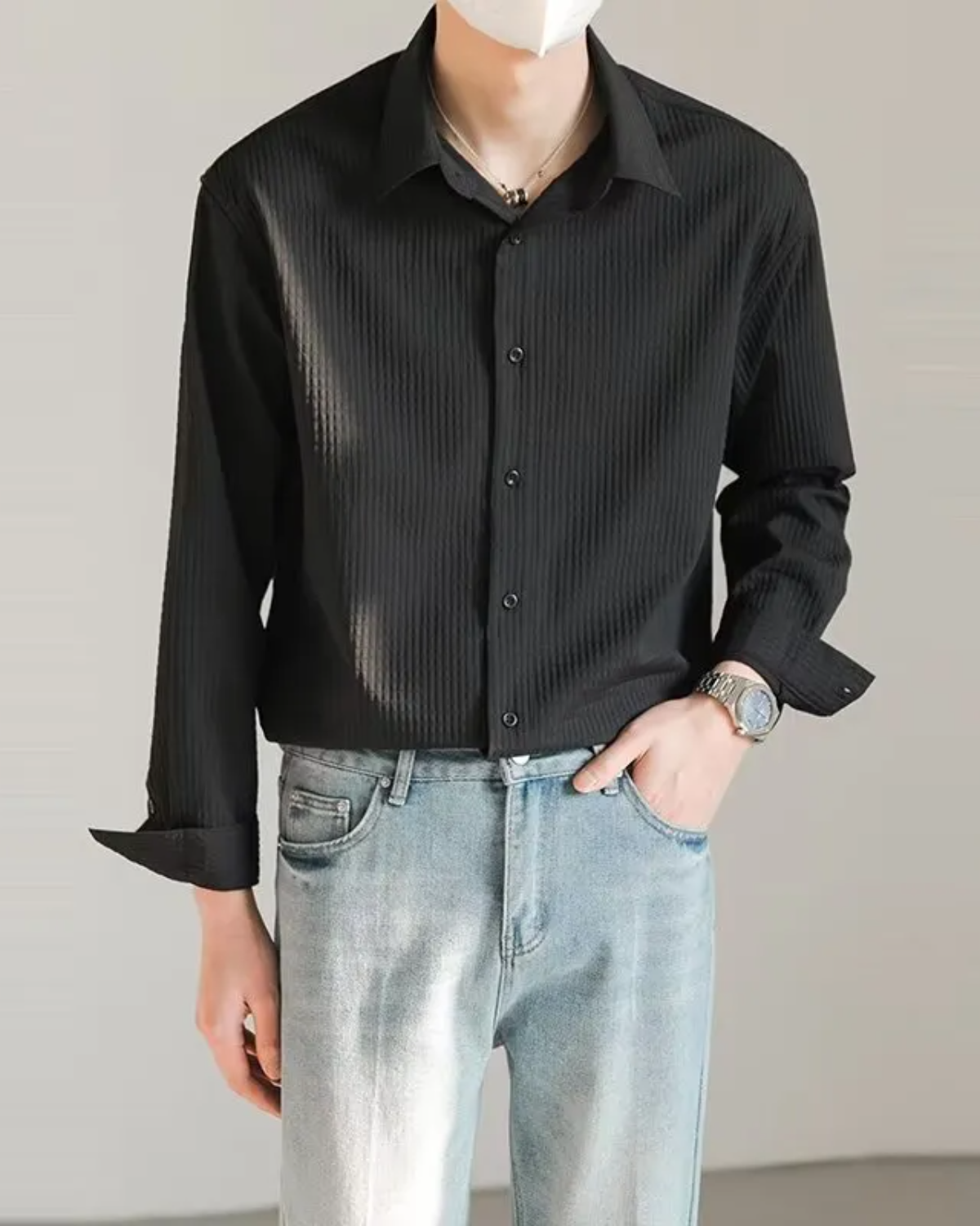 Obsidian Black Zhou Textured Grid Buttoned Shirt